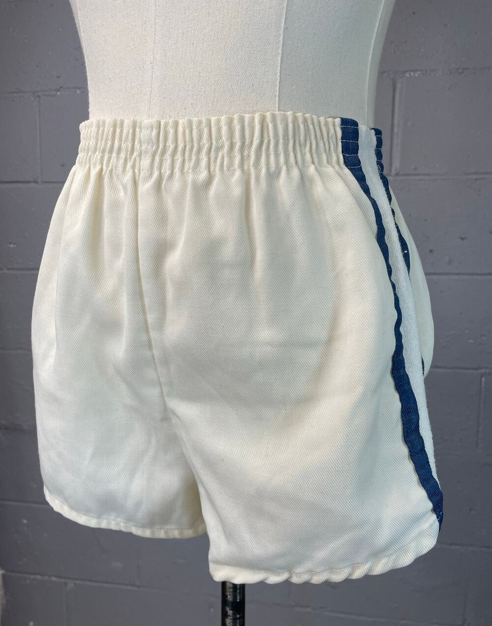 Vintage 1970s Gym Shorts White Blue Color Block Striped Cotton Terry Cloth Med